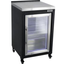 Venkovní chladnička na nápoje Tenneker s prosklenými dveřmi, nerezovou pracovní plochou, třemi drátěnými policemi a kolečky.