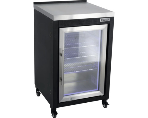 Venkovní chladnička na nápoje Tenneker s prosklenými dveřmi, nerezovou pracovní plochou, třemi drátěnými policemi a kolečky.