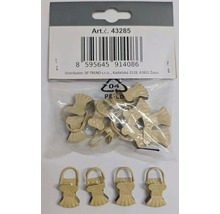 Sada béžových kovových žabek na záclony s ozdobným vějířovým designem a závěsným očkem v průhledném obalu.