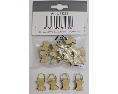 Záclonové žabky, béžové - 10ks Sada béžových kovových žabek na záclony s ozdobným vějířovým designem a závěsným očkem v průhledném obalu.