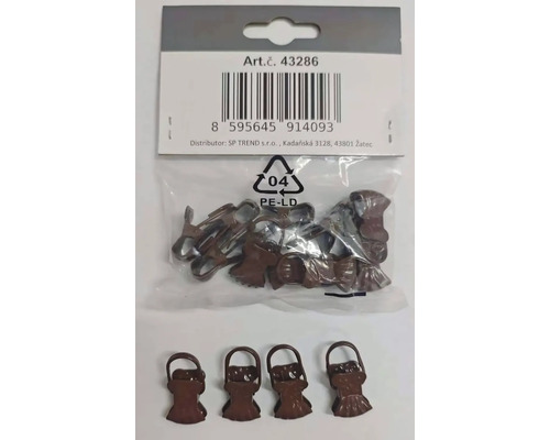 Záclonové žabky, hnědé - 10ks Hnědé skřipce na záclony s očkem, balení v plastovém sáčku.
