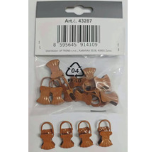 Sada hnědých kovových skřipců na záclony s dekorativním mušlovitým tvarem a závěsným očkem.