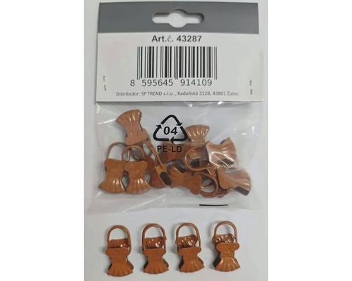 Záclonové žabky, třešeň - 10ks Sada hnědých kovových skřipců na záclony s dekorativním mušlovitým tvarem a závěsným očkem.