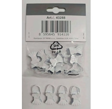 Bílé kovové kolíčky na záclony s kroužky, částečně v balení.