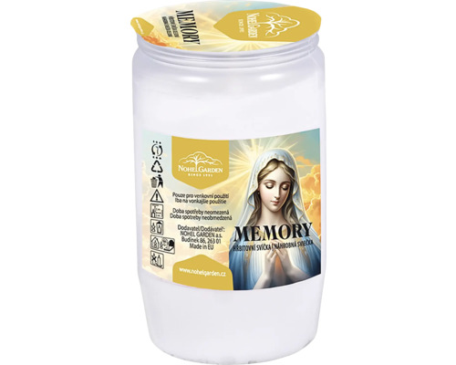 Hřbitovní svíčka Nohel Garden Memory s motivem madony pro venkovní použití.