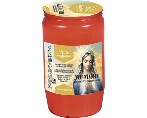 Hřbitovní svíčka Memory s vyobrazením Panny Marie Nohel Garden v červeném plastovém obalu.