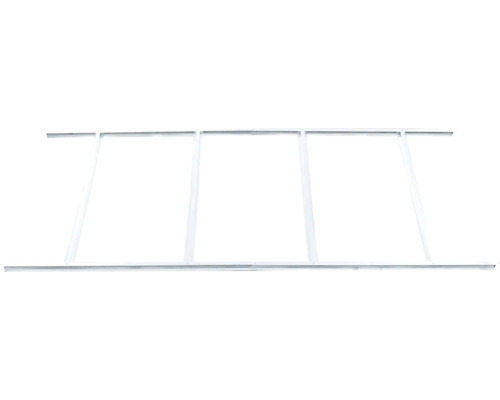 Bílý kovový rám s vertikálními vzpěrami, stabilní profil pro okna nebo dveře.