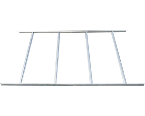 Podlahový rám pro zahradní domek z kovu, obdélníková konstrukce s příčnými vzpěrami.