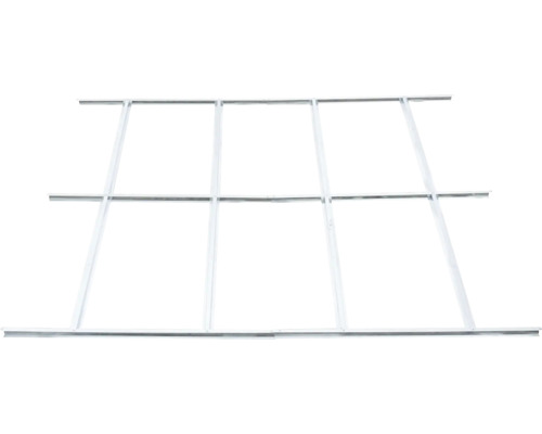 Bílá kovová mřížová konstrukce pro systémy zavěšených podhledů, skládající se z podélných a příčných profilů.