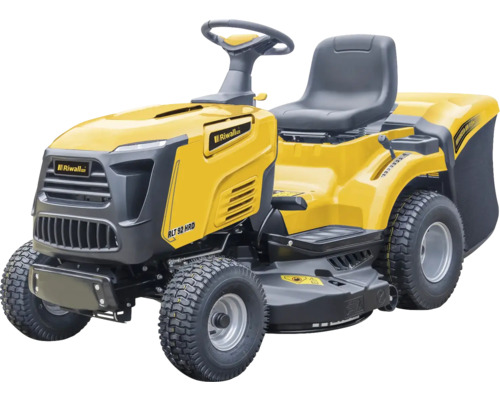 Zahradní traktor Riwall RLT 92 HRD ve žluto-černém provedení se sběrným košem.