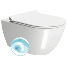 Bílé závěsné WC z keramiky včetně WC sedátka s pomalým zavíráním, bezokrajové provedení s detailem technologie splachování.