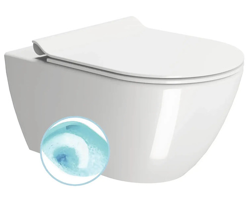 Bílé závěsné WC z keramiky včetně WC sedátka s pomalým zavíráním, bezokrajové provedení s detailem technologie splachování.