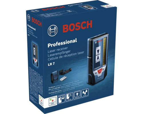 Sada laserového přijímače Bosch Professional LR 7 s držákem, bateriemi a pouzdrem, ochrana proti prachu a stříkající vodě IP 54.