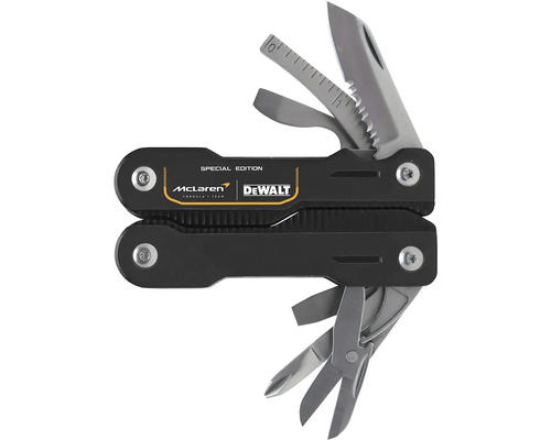 Multitool speciální edice s vyklápěcím nožem, nůžkami, pravítkem a šroubovákem. McLaren Logo a DeWalt Logo.