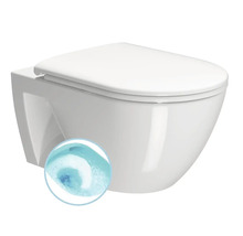 Závěsné WC z keramiky s WC sedátkem a symbolem pro efektivní technologii splachování.