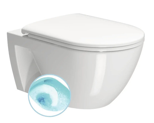 Závěsné WC z keramiky s WC sedátkem a symbolem pro efektivní technologii splachování.