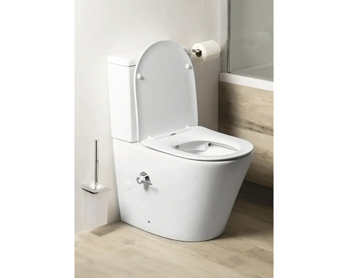 Stojící toaleta se splachovací nádržkou, otevřeným víkem a boční baterií v jasné koupelně s podlahou v dekoru dřeva.