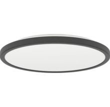 Kulaté, ploché stropní LED svítidlo s černým rámem a bílým difuzorem.