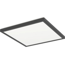 Čtvercový LED panel s černým rámem a bílou světelnou plochou pro montáž na strop.