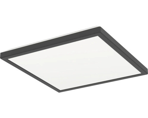 Čtvercový LED panel s černým rámem a bílou světelnou plochou pro montáž na strop.
