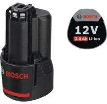 Černý lithium-iontový akumulátor Bosch 12 Volt 2,0 ampérhodiny, Bosch Logo.
