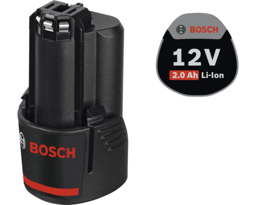 Černý lithium-iontový akumulátor Bosch 12 Volt 2,0 ampérhodiny, Bosch Logo.