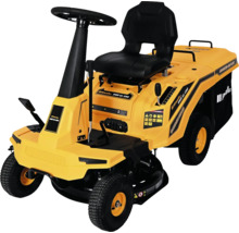 Žlutý zahradní traktor Riwall RMR 61 CRD s volantem, černým sedadlem a sběrným košem pro údržbu trávníku.