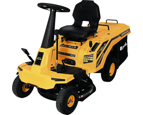 Žlutý zahradní traktor Riwall RMR 61 CRD s volantem, černým sedadlem a sběrným košem pro údržbu trávníku.