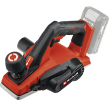 Červený akumulátorový hoblík Einhell s černou rukojetí a nastavovacím kolečkem pro hloubku úběru.