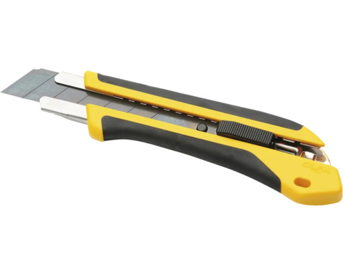 Žlutý odlamovací nůž Olfa s černou ergonomickou rukojetí.