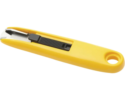 Žlutý bezpečnostní nůž z plastu s černým posuvníkem a otvorem pro zavěšení.