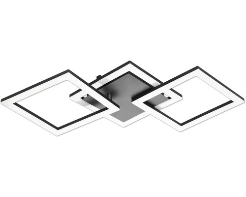 Moderní LED stropní svítidlo se třemi čtvercovými světelnými prvky z černého kovu.
