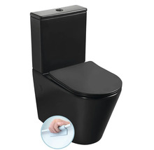 Stojací WC v černé matné barvě se splachovací nádržkou a sedátkem a detail vnitřní části bez oplachového lemu pro snadné čištění.