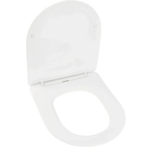 Bílé záchodové sedátko s otevřeným víkem v oválném tvaru.