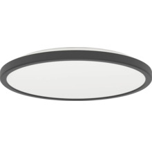 Ploché kulaté stropní LED svítidlo s černým rámem a bílým plastovým krytem.