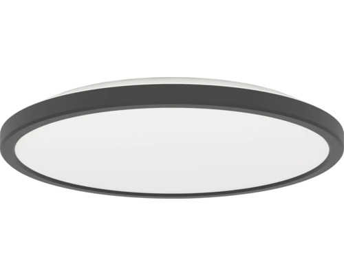 Ploché kulaté stropní LED svítidlo s černým rámem a bílým plastovým krytem.