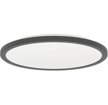 Kulaté, ploché stropní LED svítidlo s černým rámem.