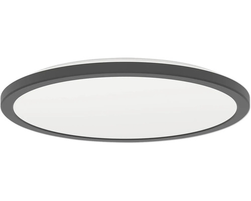 Kulaté, ploché stropní LED svítidlo s černým rámem.