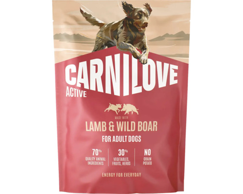 Carnilove Active krmivo pro dospělé psy s jehněčím a divočákem, 70 procent živočišných složek, bez obilovin a brambor.
