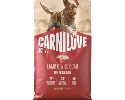 Carnilove krmivo pro psy Active s jehněčím a divokým prasetem pro dospělé psy, 70 procent živočišných složek, bez obilovin.