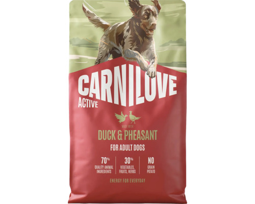 Krmivo Carnilove Active s kachnou a bažantem pro dospělé psy. 70 procent živočišných složek, bez obilovin a brambor.