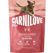 Carnilove Active krmivo pro dospělé psy s jelenem, sobem a divokým prasetem, 70 procent živočišných složek, bez obilovin a brambor.