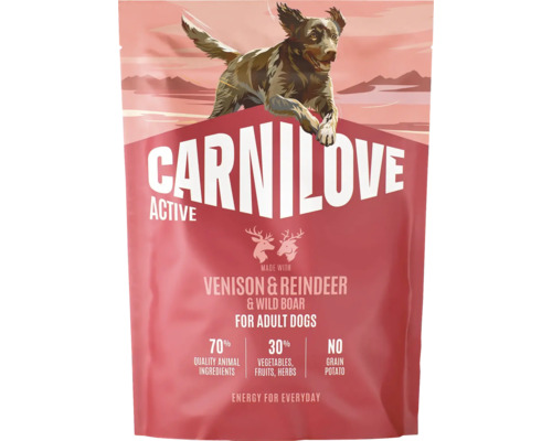 Carnilove Active krmivo pro dospělé psy s jelenem, sobem a divokým prasetem, 70 procent živočišných složek, bez obilovin a brambor.