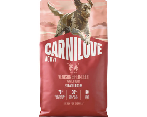 Carnilove Active krmivo pro dospělé psy se zvěřinou, sobem a divočákem. 70 procent živočišných složek, 30 procent zeleniny a ovoce.
