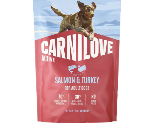 Carnilove Active granule pro dospělé psy s lososem a krůtou, 70 procent živočišných složek, bez obilovin.