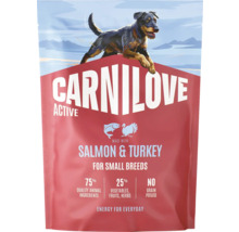 Carnilove krmivo pro psy Active s lososem a krůtou pro malá plemena, 75 procent živočišných složek, bez obilovin a brambor.