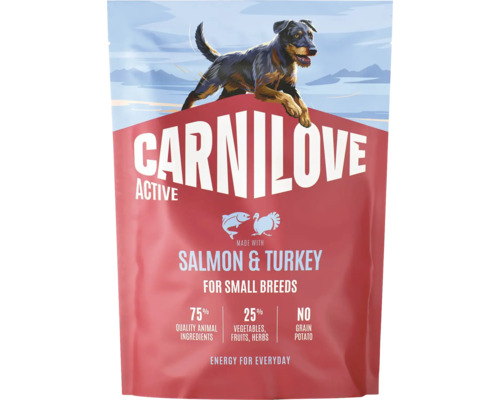 Carnilove krmivo pro psy Active s lososem a krůtou pro malá plemena, 75 procent živočišných složek, bez obilovin a brambor.