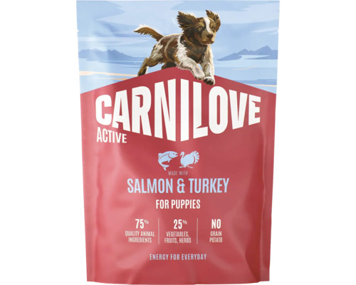 Krmivo pro štěňata Carnilove Active Salmon and Turkey, bez obilovin, 75 procent živočišných složek.