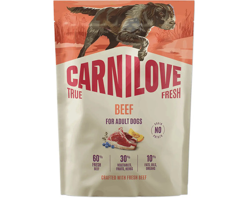 Carnilove True Fresh Beef krmivo pro dospělé psy, bez obilovin a brambor, se šedesáti procenty čerstvého hovězího masa.