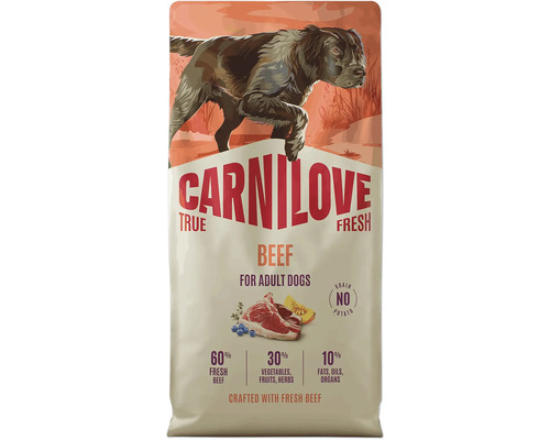 Carnilove True Fresh hovězí granule pro dospělé psy, bez obilovin, s obsahem 60 procent čerstvého hovězího masa.